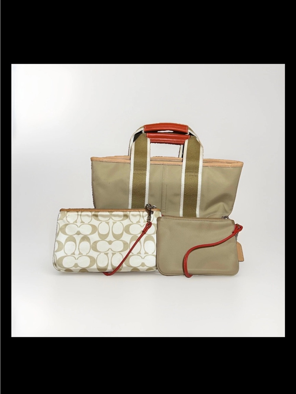 Coach Mini Hamptons Tote,Clutch,Wristlet Set-Khaki Nylon, Vermilion Leather 2005 - Picture 3 of 14